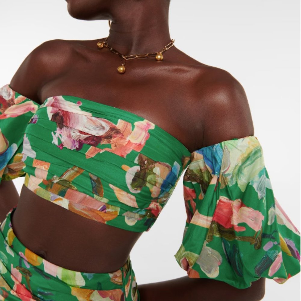 Alémais Arlo NWT Printed Off-the-Shoulder Silk Top Forrest - Picture 2 of 14